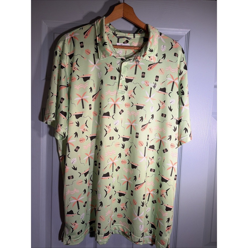 Columbia PFG Polo Shirt Men XL Light Green Fishing Tropical Print Stretch.